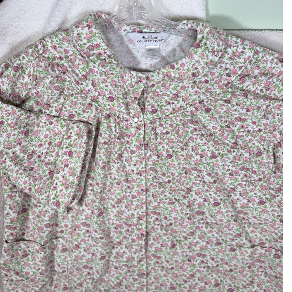 The Vermont Country Store Flannel Nightgown 1XL Cream Floral Cotton Button Up